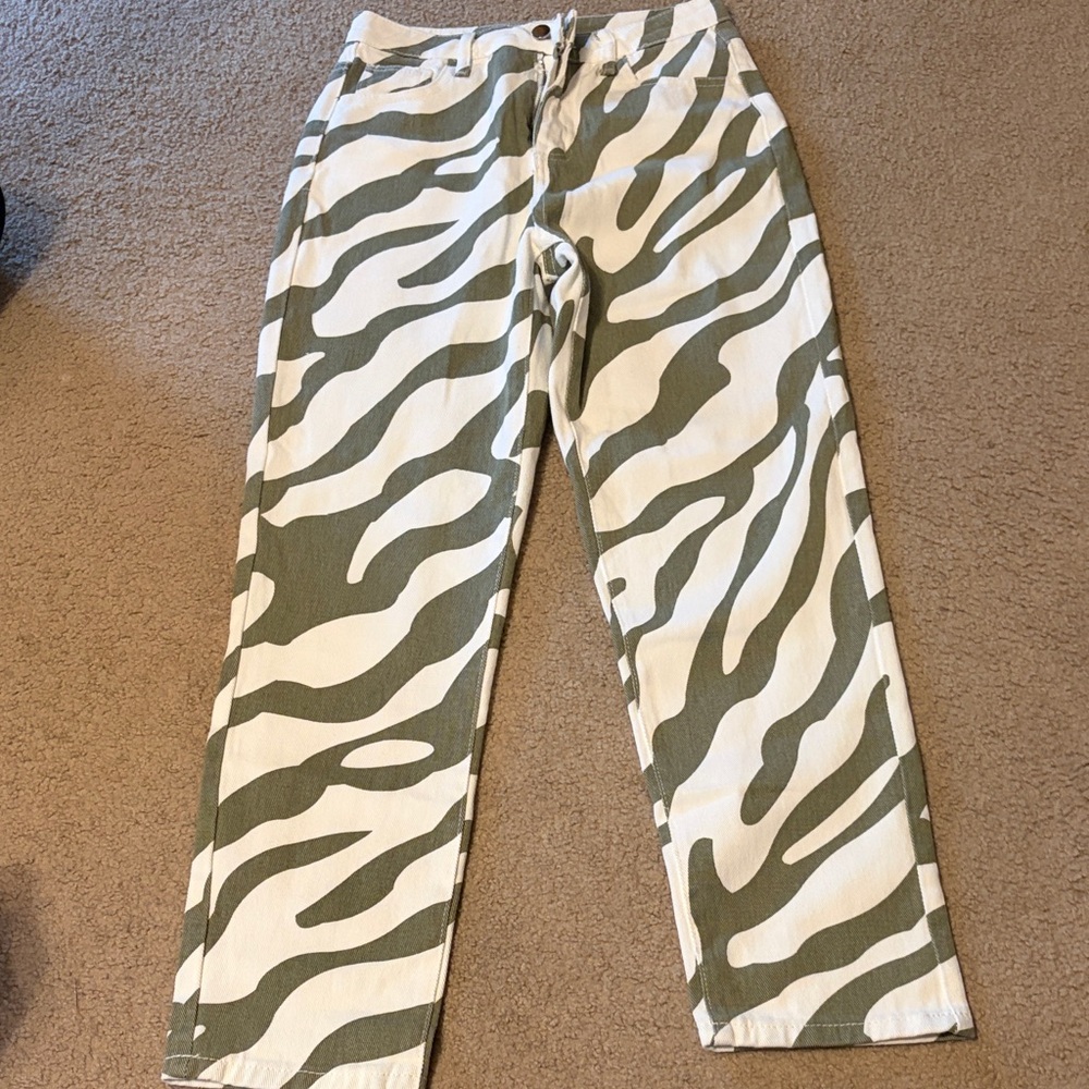 SHEIN Olive Green and White Zebra Print Jeans